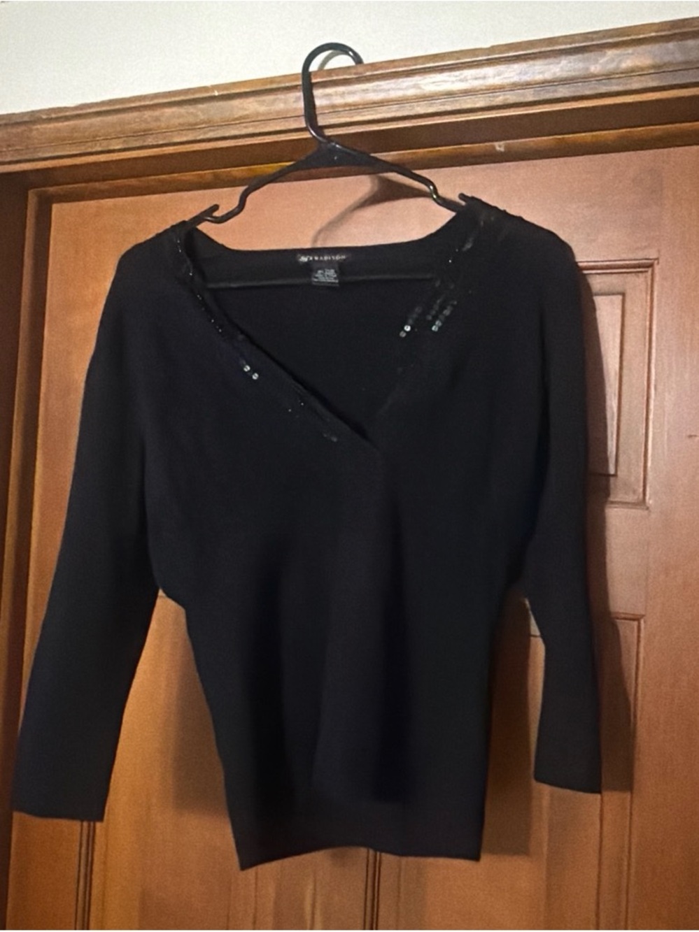 89th & Madison Black V-Neck Long Sleeve Top with Sequin Trim